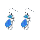 Dangling Cat Earrings Fish Hook Lab Created Blue Opal 925 Sterling Silver (19mm)