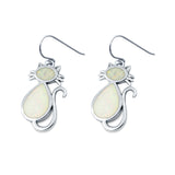 Dangling Cat Earrings Fish Hook Lab Created White Opal 925 Sterling Silver (19mm)