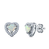 Halo Heart Stud Earrings Lab Created White Opal Simulated CZ 925 Sterling Silver