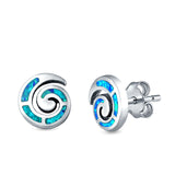 Spiral Swirl Stud Earrings Round Lab Created Blue Opal 925 Sterling Silver