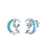 Moon & Angel Stud Earrings Lab Created Blue Opal 925 Sterling Silver (10.5mm)