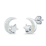Moon & Star Stud Earrings Lab Created White Opal 925 Sterling Silver (8mm)