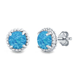 Round Stud Earrings Lab Created Blue Opal 925 Sterling Silver (7mm)