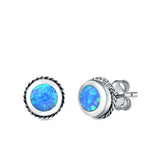 Round Stud Earrings Lab Created Blue Opal 925 Sterling Silver (7mm)