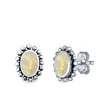 Flower Oval Shape Stud Earrings Lab Created White Opal 925 Sterling Silver (9mm)