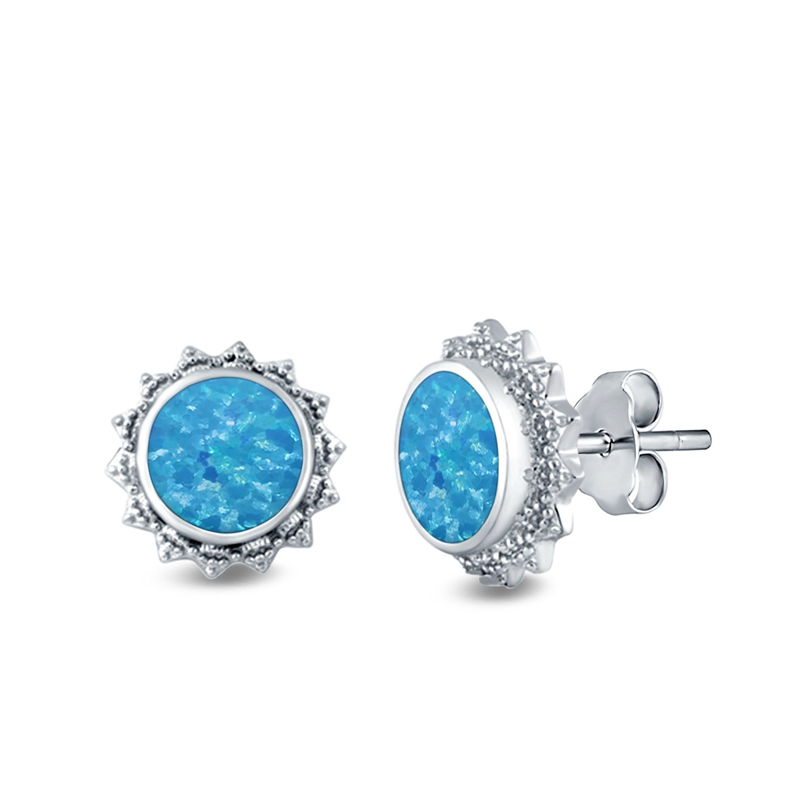 Round Stud Earrings Lab Created Blue Opal 925 Sterling Silver (11mm)