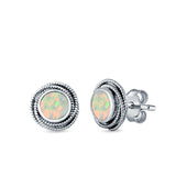 Round Rope Stud Earrings Lab Created White Opal 925 Sterling Silver (10mm)