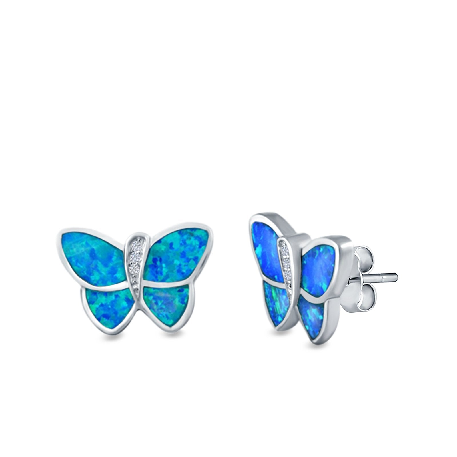 Butterfly Stud Earrings Lab Created Blue Opal Simulated CZ 925 Sterling Silver (11mm)