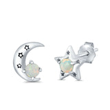 Moon and Star Stud Earrings Lab Created White Opal 925 Sterling Silver (7mm)