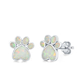 Paw Prints Stud Earrings Lab Created White Opal 925 Sterling Silver (10mm)