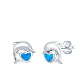 Dolphin Heart Stud Earrings Lab Created Blue Opal 925 Sterling Silver (7mm)