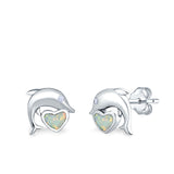 Dolphin Heart Stud Earrings Lab Created White Opal 925 Sterling Silver (7mm)