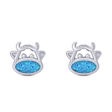 Cow Stud Earring Created Blue Opal Solid 925 Sterling Silver (8.8mm)