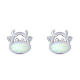 Cow Stud Earring Created White Opal Solid 925 Sterling Silver (8.8mm)