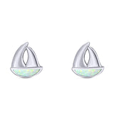 Sail Boat Stud Earring Created White Opal Solid 925 Sterling Silver (9mm)