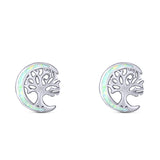 Moon & Tree Stud Earring Created White Opal Solid 925 Sterling Silver (10mm)