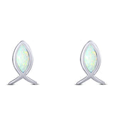 Fish Stud Earring Created White Opal Solid 925 Sterling Silver (8.6mm)