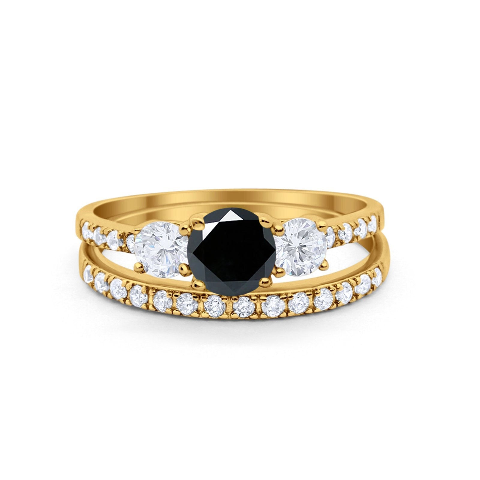Three Stone Two Piece Bridal Round Yellow Tone, Simulated Black CZ Wedding Engagement Ring 925 Sterling Silver