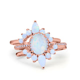 Three Piece Set Oval Rose Tone, Lab Created White Opal Art Deco Wedding Ring Band 925 Sterling Silver