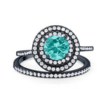 Double Halo Engagement Bridal Piece Ring Black Tone, Simulated Paraiba Tourmaline CZ 925 Sterling Silver