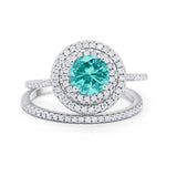Double Halo Engagement Bridal Piece Ring Simulated Paraiba Tourmaline CZ 925 Sterling Silver
