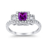 Halo Wedding Ring Baguette Simulated Amethyst CZ 925 Sterling Silver