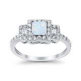 Halo Wedding Ring Baguette Simulated CZ Lab Created White Opal 925 Sterling Silver