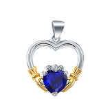 Claddagh Charm Heart Pendant Simulated Blue Sapphire CZ 925 Sterling Silver (21mm)