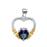 Claddagh Charm Heart Pendant Simulated Rainbow CZ 925 Sterling Silver (21mm)