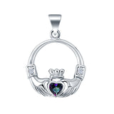 Silver Claddagh Charm Pendant Heart Simulated Rainbow CZ 925 Sterling Silver (23mm)