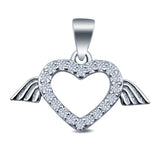 Silver Heart with Wings Charm Pendant Simulated Cubic Zirconia 925 Sterling Silver