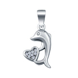 Silver Dolphin and Heart Charm Pendant Simulated Cubic Zirconia 925 Sterling Silver (14mm)