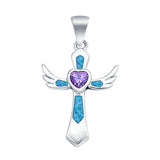 Lab Created Blue Opal & Simulated Amethyst Wings 925 Sterling Silver Charm Pendant
