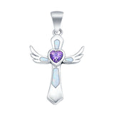 Lab Created White Opal & Simulated Amethyst Wings 925 Sterling Silver Charm Pendant