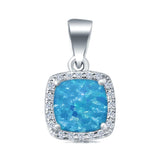 Halo Cushion Charm Pendant Lab Created Blue Opal Stone 925 Sterling Silver