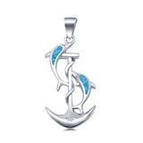 Anchor & Dolphins Pendant Charm Solid Lab Created Blue Opal 925 Sterling Silver