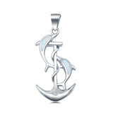Anchor & Dolphins Pendant Charm Solid Lab Created White Opal 925 Sterling Silver