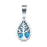 Tree of Life Pendant Charm Teardrop Solid Lab Created Blue Opal 925 Sterling Silver