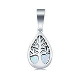 Tree of Life Pendant Charm Teardrop Solid Lab Created White Opal 925 Sterling Silver