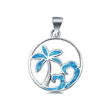 Waves and Palm Trees Lab Created Blue Opal Charm Pendant 925 Sterling Silver