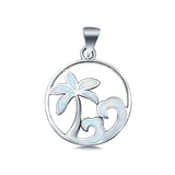 Waves and Palm Trees Lab Created White Opal Charm Pendant 925 Sterling Silver