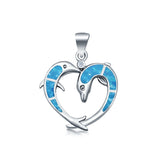 Dolphin Hearts Lab Created Blue Opal Charm Pendant 925 Sterling Silver