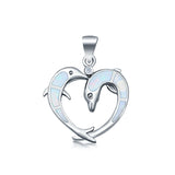 Dolphin Hearts Lab Created White Opal Charm Pendant 925 Sterling Silver