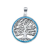 Tree of Life Round Lab Created Blue Opal Charm Pendant 925 Sterling Silver