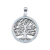 Tree of Life Round Lab Created White Opal Charm Pendant 925 Sterling Silver