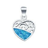 Heart & Flower Lab Created Blue Opal Charm Pendant 925 Sterling Silver