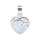 Heart & Flower Lab Created White Opal Charm Pendant 925 Sterling Silver