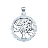 Tree of Life Charm Pendant Round Lab Created White Opal 925 Sterling Silver Pendant
