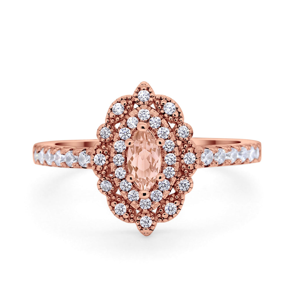 Art Deco Marquise Wedding Ring Rose Tone, Simulated Morganite CZ 925 S