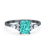 Art Deco Wedding Ring Emerald Cut Black Tone, Simulated Paraiba Tourmaline CZ 925 Sterling Silver
